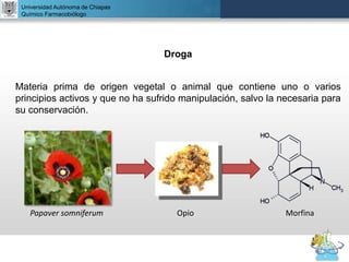 UNIVERSIDAD NACIONAL AUTÓNOMA DE MÉXICO
FACULTAD DE QUÍMICA
DR. JOSÉ LUIS BALDERAS LÓPEZ
Departamento de Farmacia
Droga
Materia prima de origen vegetal o animal que contiene uno o varios
principios activos y que no ha sufrido manipulación, salvo la necesaria para
su conservación.
Universidad Autónoma de Chiapas
Químico Farmacobiólogo
Papaver somniferum Opio Morfina
 