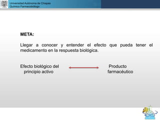 UNIVERSIDAD NACIONAL AUTÓNOMA DE MÉXICO
FACULTAD DE QUÍMICA
DR. JOSÉ LUIS BALDERAS LÓPEZ
Departamento de Farmacia
Universidad Autónoma de Chiapas
Químico Farmacobiólogo
META:
Llegar a conocer y entender el efecto que pueda tener el
medicamento en la respuesta biológica.
Efecto biológico del Producto
principio activo farmacéutico
 