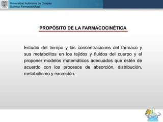 UNIVERSIDAD NACIONAL AUTÓNOMA DE MÉXICO
FACULTAD DE QUÍMICA
DR. JOSÉ LUIS BALDERAS LÓPEZ
Departamento de Farmacia
Universidad Autónoma de Chiapas
Químico Farmacobiólogo
PROPÓSITO DE LA FARMACOCINÉTICA
Estudio del tiempo y las concentraciones del fármaco y
sus metabolitos en los tejidos y fluidos del cuerpo y el
proponer modelos matemáticos adecuados que estén de
acuerdo con los procesos de absorción, distribución,
metabolismo y excreción.
 