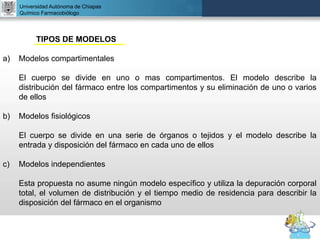 UNIVERSIDAD NACIONAL AUTÓNOMA DE MÉXICO
FACULTAD DE QUÍMICA
DR. JOSÉ LUIS BALDERAS LÓPEZ
Departamento de Farmacia
Universidad Autónoma de Chiapas
Químico Farmacobiólogo
TIPOS DE MODELOS
a) Modelos compartimentales
El cuerpo se divide en uno o mas compartimentos. El modelo describe la
distribución del fármaco entre los compartimentos y su eliminación de uno o varios
de ellos
b) Modelos fisiológicos
El cuerpo se divide en una serie de órganos o tejidos y el modelo describe la
entrada y disposición del fármaco en cada uno de ellos
c) Modelos independientes
Esta propuesta no asume ningún modelo específico y utiliza la depuración corporal
total, el volumen de distribución y el tiempo medio de residencia para describir la
disposición del fármaco en el organismo
 