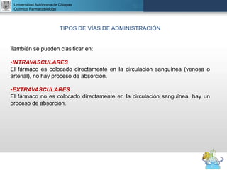 UNIVERSIDAD NACIONAL AUTÓNOMA DE MÉXICO
FACULTAD DE QUÍMICA
DR. JOSÉ LUIS BALDERAS LÓPEZ
Departamento de Farmacia
Universidad Autónoma de Chiapas
Químico Farmacobiólogo
TIPOS DE VÍAS DE ADMINISTRACIÓN
También se pueden clasificar en:
•INTRAVASCULARES
El fármaco es colocado directamente en la circulación sanguínea (venosa o
arterial), no hay proceso de absorción.
•EXTRAVASCULARES
El fármaco no es colocado directamente en la circulación sanguínea, hay un
proceso de absorción.
 