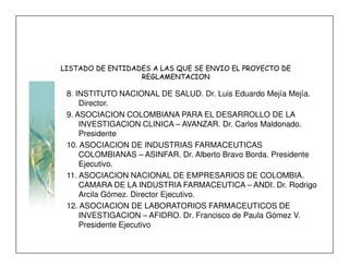 LISTADO DE ENTIDADES A LAS QUE SE ENVIO EL PROYECTO DE
                  REGLAMENTACION

 8. INSTITUTO NACIONAL DE SALUD. Dr. Luis Eduardo Mejía Mejía.
     Director.
 9. ASOCIACION COLOMBIANA PARA EL DESARROLLO DE LA
     INVESTIGACION CLINICA – AVANZAR. Dr. Carlos Maldonado.
     Presidente
 10. ASOCIACION DE INDUSTRIAS FARMACEUTICAS
     COLOMBIANAS – ASINFAR. Dr. Alberto Bravo Borda. Presidente
     Ejecutivo.
 11. ASOCIACION NACIONAL DE EMPRESARIOS DE COLOMBIA.
     CAMARA DE LA INDUSTRIA FARMACEUTICA – ANDI. Dr. Rodrigo
     Arcila Gómez. Director Ejecutivo.
 12. ASOCIACION DE LABORATORIOS FARMACEUTICOS DE
     INVESTIGACION – AFIDRO. Dr. Francisco de Paula Gómez V.
     Presidente Ejecutivo
 