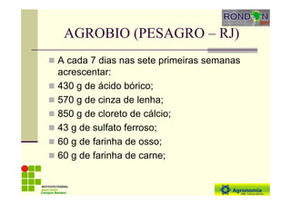 AGROBIO (PESAGRO – RJ)
A cada 7 dias nas sete primeiras semanas
acrescentar:
430 g de ácido bórico;
570 g de cinza de lenha;
850 g de cloreto de cálcio;
43 g de sulfato ferroso;
60 g de farinha de osso;
60 g de farinha de carne;
Campus Bambuí
 