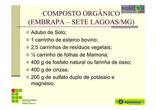 COMPOSTO ORGÂNICO
(EMBRAPA – SETE LAGOAS/MG)
Adubo de Solo;
1 carrinho de esterco bovino;
2,5 carrinhos de resíduos vegetais;
½ carrinho de folhas de Mamona;
400 g de fosfato natural ou farinha de osso;
400 g de cinzas;
200 g de sulfato duplo de potássio e
magnésio.
Campus Bambuí
 