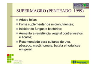 SUPERMAGRO (PENTEADO, 1999)
Adubo foliar;
Fonte suplementar de micronutrientes;
Inibidor de fungos e bactérias;
Aumenta a resistência vegetal contra insetos
e ácaros;
Recomendado para culturas de uva,
pêssego, maçã, tomate, batata e hortaliças
em geral;
Campus Bambuí
 