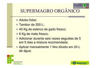 SUPERMAGRO ORGÂNICO
Adubo foliar;
Tambor de 200 L;
40 Kg de esterco de gado fresco;
6 Kg de mato fresco;
Adicionar durante seis vezes seguidas de 5
em 5 dias a mistura recomendada;
Aplicar mensalmente 1 litro diluido em 20 L
de água;
Campus Bambuí
 