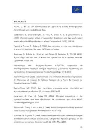 BIBLIOGRAFÍA
Acuña, O. El uso de biofertilizantes en agricultura. Centro Investigaciones
Agronómicas. Universidad Costa Rica.
Dobbelaere, S., Croonenborghs, A., Thys, A., Broek, A. V., & Vanderleyden, J.
(1999). Phytostimulatory effect of Azospirillum brasilense wild type and mutant
strains altered in IAA production on wheat. Plant and soil, 212(2), 153-162.
Faggioli V, Freytes G y Galarza C (2008). Las micorrizas en trigo y su relación con
la absorción de fósforo del suelo. INTA Marcos Juarez.
Gianinazzi S, Gollotte A, Binet M, van Tuinen D, Redecker D, Wipf D (2010).
Agroecology: the key role of arbuscular mycorrhizas in ecosystem services.
Mycorrhiza 20:519–530
Jaizme-Vega, M.C., Rodríguez-Romero, A.S.(2008). Integración de
microorganismos benéficos (hongos micorrícicos y bactérias rizosféricas) en
agrosistemas de las islas Canarias. Revista Agroecología Vol 3, 33-39
Jaizme-Vega, M.R. (2009). Las micorrizas, una simbiosos de interés en agricultura.
En: Homenaje al profesor Dr. Wilfredo Wildpret de la Torre. Ed Instituto de
Estudios Canarios 479-488p
Jaizme-Vega, MR (2010). Las micorrizas, microorganismos esenciales en
agricultura ecológica. Revista AE, primavera 2010 26-27
Johansson JF, Paul LR, Finlay RD (2004). Microbial interactions in the
mycorrhizosphere and their significance for sustainable agricultura. FEMS
Microbiology Ecology 48, 1–13
Jordan, N.R., Zhang, J. and Huerd, S. (2000) Arbuscularmycorrhizal fungi: potential
roles in weed management. Weed Research 40, 397–410.
Martínez LB, Pugnaire FI (2009). Interacciones entre las comunidades de hongos
formadores de micorrizas arbusculares y de plantas. Algunos ejemplos en los
ecosistemas semiáridos. Ecosistemas 18 (2): 44-54. Mayo 2009.
36
 