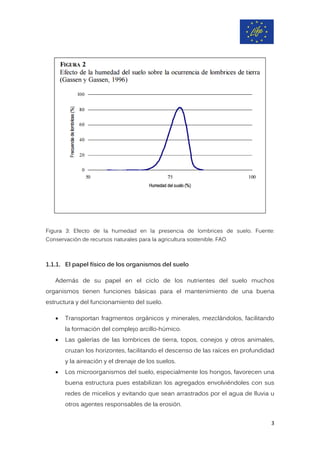 Figura 3: Efecto de la humedad en la presencia de lombrices de suelo. Fuente:
Conservación de recursos naturales para la agricultura sostenible. FAO
1.1.1. El papel físico de los organismos del suelo
Además de su papel en el ciclo de los nutrientes del suelo muchos
organismos tienen funciones básicas para el mantenimiento de una buena
estructura y del funcionamiento del suelo.
• Transportan fragmentos orgánicos y minerales, mezclándolos, facilitando
la formación del complejo arcillo-húmico.
• Las galerías de las lombrices de tierra, topos, conejos y otros animales,
cruzan los horizontes, facilitando el descenso de las raíces en profundidad
y la aireación y el drenaje de los suelos.
• Los microorganismos del suelo, especialmente los hongos, favorecen una
buena estructura pues estabilizan los agregados envolviéndoles con sus
redes de micelios y evitando que sean arrastrados por el agua de lluvia u
otros agentes responsables de la erosión.
3
 