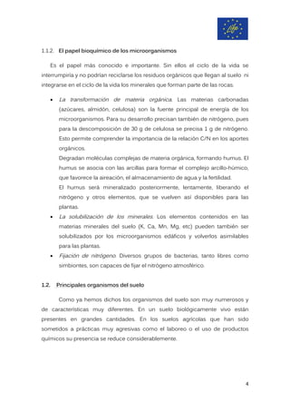 1.1.2. El papel bioquímico de los microorganismos
Es el papel más conocido e importante. Sin ellos el ciclo de la vida se
interrumpiría y no podrían reciclarse los residuos orgánicos que llegan al suelo ni
integrarse en el ciclo de la vida los minerales que forman parte de las rocas.
• La transformación de materia orgánica. Las materias carbonadas
(azúcares, almidón, celulosa) son la fuente principal de energía de los
microorganismos. Para su desarrollo precisan también de nitrógeno, pues
para la descomposición de 30 g de celulosa se precisa 1 g de nitrógeno.
Esto permite comprender la importancia de la relación C/N en los aportes
orgánicos.
Degradan moléculas complejas de materia orgánica, formando humus. El
humus se asocia con las arcillas para formar el complejo arcillo-húmico,
que favorece la aireación, el almacenamiento de agua y la fertilidad.
El humus será mineralizado posteriormente, lentamente, liberando el
nitrógeno y otros elementos, que se vuelven así disponibles para las
plantas.
• La solubilización de los minerales. Los elementos contenidos en las
materias minerales del suelo (K, Ca, Mn, Mg, etc) pueden también ser
solubilizados por los microorganismos edáficos y volverlos asimilables
para las plantas.
• Fijación de nitrógeno. Diversos grupos de bacterias, tanto libres como
simbiontes, son capaces de fijar el nitrógeno atmosférico.
1.2. Principales organismos del suelo
Como ya hemos dichos los organismos del suelo son muy numerosos y
de características muy diferentes. En un suelo biológicamente vivo están
presentes en grandes cantidades. En los suelos agrícolas que han sido
sometidos a prácticas muy agresivas como el laboreo o el uso de productos
químicos su presencia se reduce considerablemente.
4
 