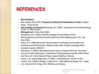 REFERENCES
 Bio-Fertilizers
 Rao Subba, K.S.(1974). Prospects of Bacterial Fertilization in India. Fertilser
 News, 19(12):32-38.
 Soil Fertility and Nutrient Alexander, M. (1985) . Introduction to Soil Microbiology
(2ndE d.) Wiley Eastern
 Management Limited, New Delhi.
 RaoSubba, N.S. (2000). Soil Microbiology (Fourth Edition of Soil
 Microorganisms and Plant Growth).Oxford and IBH Publishing Co. Pvt . Ltd.
 New Delhi.
 Harris, P.J. (1988).Microbial Transformations of Nitrogen.(In) Russell's Soil
 Conditions and Plant Growth. Edited by Alan Wild. English Language Book
 SocietyILongman: 608-65 1.
 Kannaiyan, S.(2000). Biofertilizers-Key Factor in Organic Farming. The Hindu
 Survey of Indian Agriculture. Published by S.Rangrajaneon behalf of M/s Kasturi
 and Sons Ltd. At the National Press, Kasturi Building, Chennai.
 Verma, L.N. and Bhattacharya, P (1990). ~ertilizerNs ews, 35(12): 87-92.
 Jordon, D.C.11984) in Bergey 's Manual of ~~stemaiBiacc teriology, Vol. 1 (eds)
 J.G. Holt and N.R. Krieg): 234, Williams and Wilkins.
22
BIOFERTILIZER. By. Vipul K.
Panchal
 
