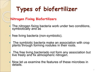 Types of biofertilizer
Nitrogen Fixing Biofertilizers
 The nitrogen fixing bacteria work under two conditions,
symbiotically and as
 free living bacteria (non-symbiotic).
 The symbiotic bacteria make an association with crop
plants through forming nodules in their roots.
 The free living bacteriado not form any association but
live freely and fix atmospheric nitrogen.
 Now let us examine the features of these microbes in
details.
7
 