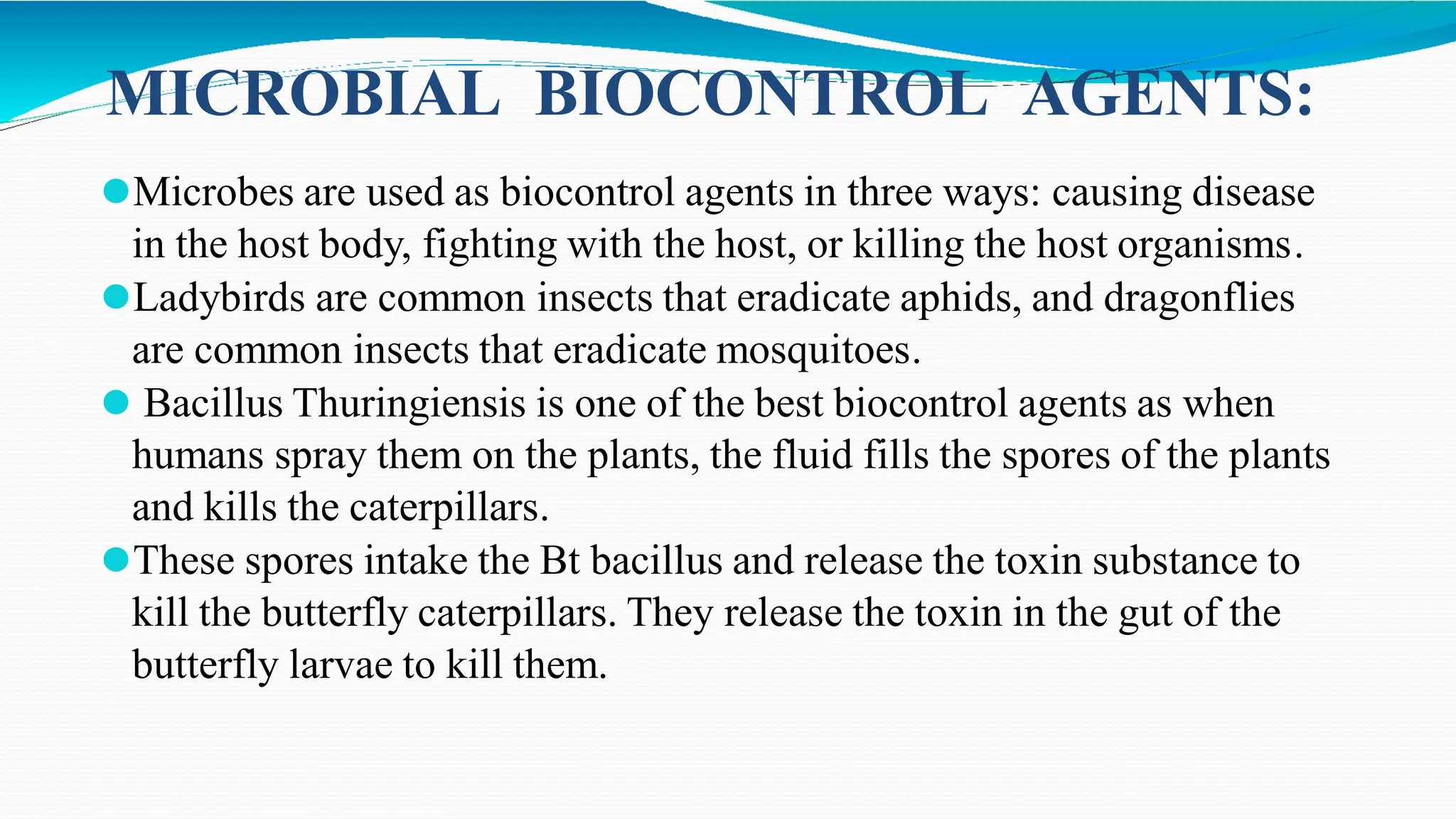MICROBIAL BIOCONTROL AGENTS:
⚫Microbes are used as biocontrol agents in three ways: causing disease
in the host body, fighting with the host, or killing the host organisms.
⚫Ladybirds are common insects that eradicate aphids, and dragonflies
are common insects that eradicate mosquitoes.
⚫ Bacillus Thuringiensis is one of the best biocontrol agents as when
humans spray them on the plants, the fluid fills the spores of the plants
and kills the caterpillars.
⚫These spores intake the Bt bacillus and release the toxin substance to
kill the butterfly caterpillars. They release the toxin in the gut of the
butterfly larvae to kill them.
 