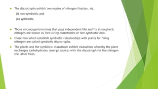  The diazotrophs exhibit two modes of nitrogen fixation, viz.,
(i) non-symbiotic and
(ii) symbiotic.
 Those microorganisms(mos) that pass independent life and fix atmospheric
nitrogen are known as free-living diazotrophs or non-symbiotic mos.
 those mos which establish symbiotic relationships with plants for fixing
nitrogen are called symbiotic diazotrophs.
 The plants and the symbiotic diazotroph exhibit mutualism whereby the plant
exchanges carbohydrates (energy source) with the diazotroph for the nitrogen
the latter fixes.
 