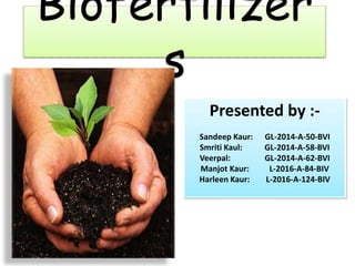 Biofertilizer
s
Presented by :-
Sandeep Kaur: GL-2014-A-50-BVI
Smriti Kaul: GL-2014-A-58-BVI
Veerpal: GL-2014-A-62-BVI
Manjot Kaur: L-2016-A-84-BIV
Harleen Kaur: L-2016-A-124-BIV
 