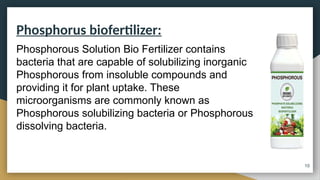 Phosphorus biofertilizer:
Phosphorous Solution Bio Fertilizer contains
bacteria that are capable of solubilizing inorganic
Phosphorous from insoluble compounds and
providing it for plant uptake. These
microorganisms are commonly known as
Phosphorous solubilizing bacteria or Phosphorous
dissolving bacteria.
10
 