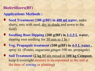 Biofertilizers(BF)
Applications Methods :
 Seed Treatment (200 g(BF) in 400 ml water, make
slurry, mix with seed, dry in shade and sown to the
field)
 Seedling Root Dipping (200 g(BF) in 1-1.5 L water,
dipping root seedling for 30 min to 1 hr.)
 Veg. Propagule treatment (200 g(BF) in 4-5 L water ,
spray it) (Potato, sugarcane,ginger-100 no. propagule)
 Soil Treatment (2 kg Bf are mixed in 100 kg Compost,
keep it overnight mixture is incorporated in the soil at
the time of sowing or planting)

 