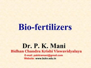 Bio-fertilizers
Dr. P. K. Mani

Bidhan Chandra Krishi Viswavidyalaya
E-mail: pabitramani@gmail.com
Website: www.bckv.edu.in

 