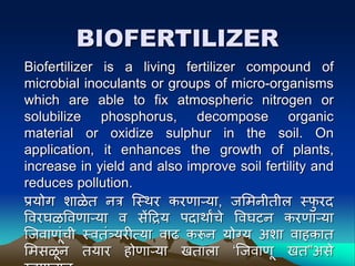 BIOFERTILIZER
Biofertilizer is a living fertilizer compound of
microbial inoculants or groups of micro-organisms
which are able to fix atmospheric nitrogen or
solubilize phosphorus, decompose organic
material or oxidize sulphur in the soil. On
application, it enhances the growth of plants,
increase in yield and also improve soil fertility and
reduces pollution.
प्रयोग िाळेत नत्र ल्स्िर करणाऱया, जममनीतील स्फ
ु रद
पवरघळपवणाऱया व सेंद्रद्रय िदािाांचे पवघटन करणाऱया
ल्जवाणूंची स्वतंत्र्यरीत्या वाढ करून योग्य अिा वाहकात
ममसळून तयार होणाऱया खताला ‘ल्जवाणू खत”असे
 