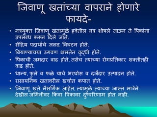 ल्जवाणू खतांच्या वािराने होणारे
फायदे-
• नत्रयुक्त ल्जवाणू खतामुळे हवेतील नत्र िोषले जाऊन ते पिकांना
उिलब्ध करून द्रदले जाते.
• सेंद्रद्रय िदािाांचे जलद पवघटन होते.
• बियाण्याचया उगवण क्षमतेत वृद्धी होते.
• पिकाची जमदार वाढ होते, तसेच त्याच्या रोगप्रनतकार िक्तीतही
वाढ होते.
• धान्य, फ
ु ले व फळे याचे भरघोस व दजेदार उत्िादन होते.
• रासायननक खतावरील खचावत किात होते.
• ल्जवाणू खते नैसधगवक आहेत, त्यामुळे त्याच्या जास्त मात्रेने
देखील जममनीवर ककं वा पिकावर दुष्िररणाम होत नाही.
 
