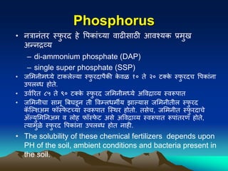Phosphorus
• नत्रानंतर स्फ
ु रद हे पिकांच्या वाढीसाठी आवश्यक प्रमुख
अन्नद्रव्य
– di-ammonium phosphate (DAP)
– single super phosphate (SSP)
• जममनीमध्ये टाकलेल्या स्फ
ु रदािैकी क
े वळ १० ते २० टक्क
े स्फ
ु रदच पिकांना
उिलब्ध होते.
• उववररत ८५ ते ९० टक्क
े स्फ
ु रद जममनीमध्ये अपवद्राव्य स्वरूिात
• जममनीचा सामू बिघडून ती पवम्लधमीय झाल्यास जममनीतील स्फ
ु रद
क
ॅ ल्ल्िअम फॉस्फ
े टच्या स्वरूिात ल्स्िर होतो. तसेच, जममनीत स्फ
ु रदाचे
ॲल्युममननअम व लोह फॉस्फ
े ट असे अपवद्राव्य स्वरूिात रूिांतरण होते,
त्यामुळे स्फ
ु रद पिकांना उिलब्ध होत नाही.
• The solubility of these chemical fertilizers depends upon
PH of the soil, ambient conditions and bacteria present in
the soil.
 