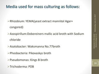 Rhizobium: YEMA(yeast extract mannitol Agar+
congored)
Azospirillum:Dobereiners mallic acid broth with Sodium
chloride
Azatobacter: Waksmanna No.77broth
Phosbacteria: Pikovaskys broth
Pseudomonas: Kings B broth
Trichoderma: PDB
Wednesday,June14,2017
AdvancesinMicrobial
Biotechnology(1+1)
16
 