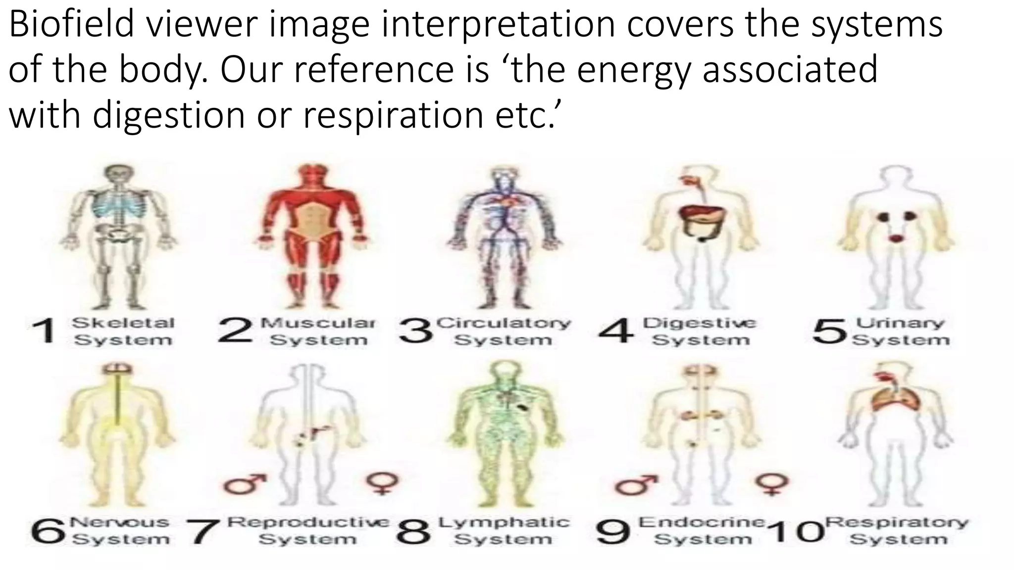 Biofield viewer image interpretation covers the systems
of the body. Our reference is ‘the energy associated
with digestion or respiration etc.’
 