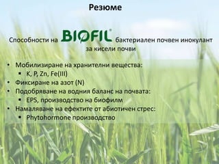 Резюме
Способности на бактериален почвен инокулант
за кисели почви
• Мобилизиране на хранителни вещества:
 K, P, Zn, Fe(III)
• Фиксиране на азот (N)
• Подобряване на водния баланс на почвата:
 EPS, производство на биофилм
• Намаляване на ефектите от абиотичен стрес:
 Phytohormone производство
 