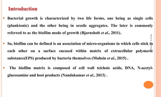  Bacterial growth is characterized by two life forms, one being as single cells
(planktonic) and the other being in sessile aggregates. The later is commonly
referred to as the biofilm mode of growth (Bjarnsholt et al., 2011).
 So, biofilm can be defined is an association of micro-organisms in which cells stick to
each other on a surface encased within matrix of extracellular polymeric
substance(EPS) produced by bacteria themselves (Muhsin et al., 2015) .
 The biofilm matrix is composed of cell wall teichoic acids, DNA, N-acetyl-
glucosamine and host products (Nandakumar et al., 2013) .
Introduction
Rana
H.
Al-Hichami
 