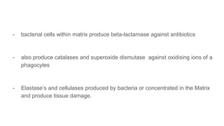 - bacterial cells within matrix produce beta-lactamase against antibiotics
- also produce catalases and superoxide dismutase against oxidising ions of a
phagocytes
- Elastase’s and cellulases produced by bacteria or concentrated in the Matrix
and produce tissue damage.
 