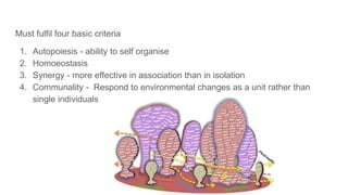 Must fulfil four basic criteria
1. Autopoiesis - ability to self organise
2. Homoeostasis
3. Synergy - more effective in association than in isolation
4. Communality - Respond to environmental changes as a unit rather than
single individuals
 