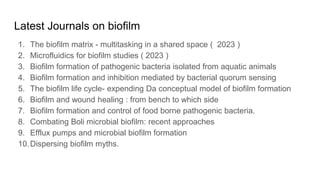 Latest Journals on biofilm
1. The biofilm matrix - multitasking in a shared space ( 2023 )
2. Microfluidics for biofilm studies ( 2023 )
3. Biofilm formation of pathogenic bacteria isolated from aquatic animals
4. Biofilm formation and inhibition mediated by bacterial quorum sensing
5. The biofilm life cycle- expending Da conceptual model of biofilm formation
6. Biofilm and wound healing : from bench to which side
7. Biofilm formation and control of food borne pathogenic bacteria.
8. Combating Boli microbial biofilm: recent approaches
9. Efflux pumps and microbial biofilm formation
10.Dispersing biofilm myths.
 