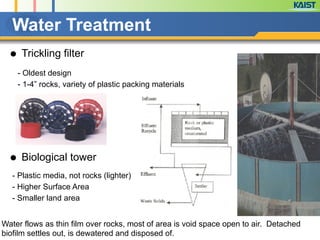 Water Treatment
- Oldest design
- 1-4” rocks, variety of plastic packing materials
Water flows as thin film over rocks, most of area is void space open to air. Detached
biofilm settles out, is dewatered and disposed of.
● Trickling filter
● Biological tower
- Plastic media, not rocks (lighter)
- Higher Surface Area
- Smaller land area
 
