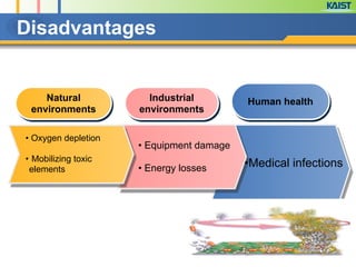 Disadvantages
Natural
environments
Industrial
environments
Human health
• Oxygen depletion
!
• Mobilizing toxic
elements
!
• Equipment damage
!
• Energy losses •Medical infections
 