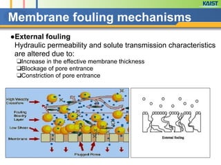 Membrane fouling mechanisms
●External fouling
Hydraulic permeability and solute transmission characteristics
are altered due to:
❑Increase in the effective membrane thickness
❑Blockage of pore entrance
❑Constriction of pore entrance
 