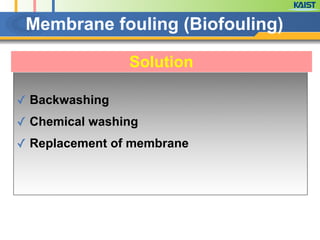 Membrane fouling (Biofouling)
Solution
✓ Backwashing
✓ Chemical washing
✓ Replacement of membrane
 