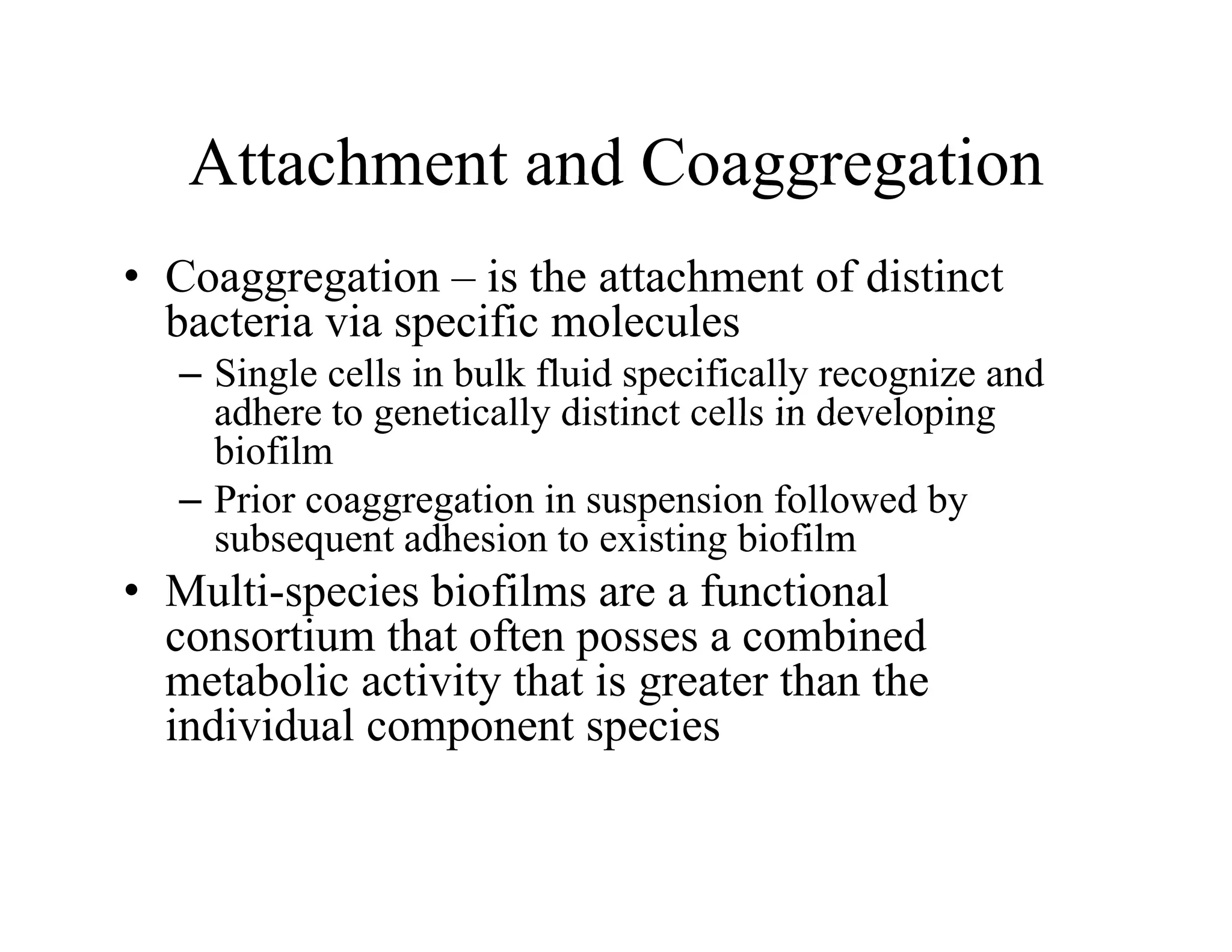 Attachment and Coaggregation
Attachment and Coaggregation
• Coaggregation – is the attachment of distinct
gg g
bacteria via specific molecules
– Single cells in bulk fluid specifically recognize and
adhere to genetically distinct cells in developing
adhere to genetically distinct cells in developing
biofilm
– Prior coaggregation in suspension followed by
subsequent adhesion to existing biofilm
subsequent adhesion to existing biofilm
• Multi-species biofilms are a functional
consortium that often posses a combined
p
metabolic activity that is greater than the
individual component species
 
