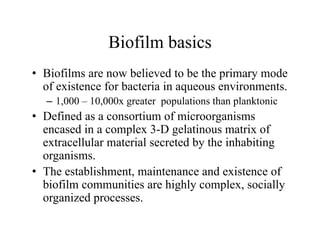 Biofilm basics
Biofilm basics
• Biofilms are now believed to be the primary mode
Biofilms are now believed to be the primary mode
of existence for bacteria in aqueous environments.
– 1,000 – 10,000x greater populations than planktonic
• Defined as a consortium of microorganisms
encased in a complex 3-D gelatinous matrix of
t ll l t i l t d b th i h biti
extracellular material secreted by the inhabiting
organisms.
• The establishment maintenance and existence of
• The establishment, maintenance and existence of
biofilm communities are highly complex, socially
organized processes.
organized processes.
 