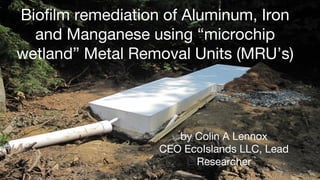 Biofilm remediation of Aluminum, Iron
and Manganese using “microchip
wetland” Metal Removal Units (MRU’s)
by Colin A Lennox
CEO EcoIslands LLC, Lead
Researcher
 