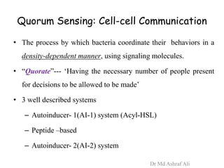 Quorum Sensing: Cell-cell Communication
• The process by which bacteria coordinate their behaviors in a
density-dependent manner, using signaling molecules.
• “Quorate”--- ‘Having the necessary number of people present
for decisions to be allowed to be made’
• 3 well described systems
– Autoinducer- 1(AI-1) system (Acyl-HSL)
– Peptide –based
– Autoinducer- 2(AI-2) system
Dr Md Ashraf Ali
 