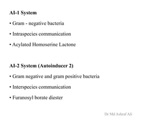 AI-1 System
• Gram - negative bacteria
• Intraspecies communication
• Acylated Homoserine Lactone
AI-2 System (Autoinducer 2)
• Gram negative and gram positive bacteria
• Interspecies communication
• Furanosyl borate diester
Dr Md Ashraf Ali
 