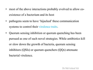• most of the above interactions probably evolved to allow co-
existence of a bacterium and its host
• pathogens seem to have ‘hijacked’ these communication
systems to control their virulence traits.
• Quorum sensing inhibition or quorum quenching has been
pursued as one of such novel strategies. While antibiotics kill
or slow down the growth of bacteria, quorum sensing
inhibitors (QSIs) or quorum quenchers (QQs) attenuate
bacterial virulence.
Dr Md Ashraf Ali
 