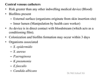 Central venous catheters
• Risk greater than any other indwelling medical device (Blood)
• Biofilms present
– External surface (organisms originate from skin insertion site)
– Inner lumen (Manipulation by health care worker)
• As device is in direct contact with bloodstream (which acts as a
conditioning film).
• Colonization and biofilm formation may occur within 3 days
• Organisms associated
– S. epidermidis
– S. aureus
– P.aeruginosa
– K.pneumonia
– E.faecalis
– Candida albicans
Dr Md Ashraf Ali
 