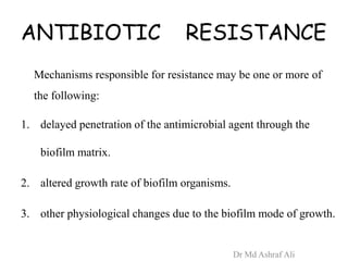 ANTIBIOTIC RESISTANCE
Mechanisms responsible for resistance may be one or more of
the following:
1. delayed penetration of the antimicrobial agent through the
biofilm matrix.
2. altered growth rate of biofilm organisms.
3. other physiological changes due to the biofilm mode of growth.
Dr Md Ashraf Ali
 