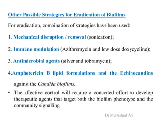 Other Possible Strategies for Eradication of Biofilms
For eradication, combination of strategies have been used:
1. Mechanical disruption / removal (sonication);
2. Immune modulation (Azithromycin and low dose doxycycline);
3. Antimicrobial agents (silver and tobramycin);
4.Amphotericin B lipid formulations and the Echinocandins
against the Candida biofilms.
• The effective control will require a concerted effort to develop
therapeutic agents that target both the biofilm phenotype and the
community signalling
Dr Md Ashraf Ali
 