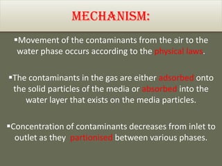 Mechanism:
Movement of the contaminants from the air to the
water phase occurs according to the physical laws.
The contaminants in the gas are either adsorbed onto
the solid particles of the media or absorbed into the
water layer that exists on the media particles.
Concentration of contaminants decreases from inlet to
outlet as they partionised between various phases.
 