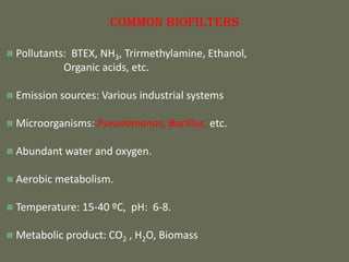 Common Biofilters
 Pollutants: BTEX, NH3, Trirmethylamine, Ethanol,
Organic acids, etc.
 Emission sources: Various industrial systems
 Microorganisms: Pseudomonas, Bacillus, etc.
 Abundant water and oxygen.
 Aerobic metabolism.
 Temperature: 15-40 ºC, pH: 6-8.
 Metabolic product: CO2 , H2O, Biomass
 