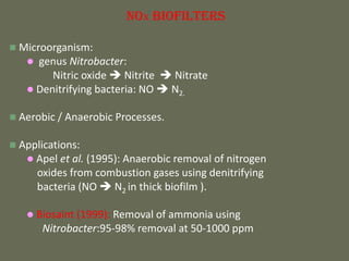 Biofilter의 종류
NOx Biofilters
 Microorganism:
 genus Nitrobacter:
Nitric oxide  Nitrite  Nitrate
 Denitrifying bacteria: NO  N2.
 Aerobic / Anaerobic Processes.
 Applications:
 Apel et al. (1995): Anaerobic removal of nitrogen
oxides from combustion gases using denitrifying
bacteria (NO  N2 in thick biofilm ).
 Biosaint (1999): Removal of ammonia using
Nitrobacter:95-98% removal at 50-1000 ppm
 