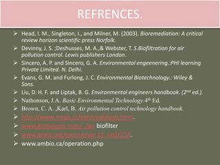 REFRENCES.
 Head, I. M., Singleton, I., and Milner, M. (2003). Bioremediation: A critical
review horizon scientific press Norfolk.
 Devinny, J. S. ;Deshusses, M. A.,& Webster, T. S.Biofiltration for air
pollution control. Lewis publishers London.
 Sincero, A. P. and Sincero, G. A. Environmental engeenering.:PHI learning
Private Limited. N. Delhi.
 Evans, G. M. and Furlong, J. C. Environmental Biotechnology.: Wiley &
Sons.
 Liu, D. H. F. and Liptak, B. G. Environmental engineers handbook. (2nd ed.).
 Nathonson, J.A. Basic Environmental Technology.4th Ed.
 Brown, C. A. ,Karl, B. Air pollution control technology handbook.
 http://www.mega.cz/electrodialysis.html.
 www.globalspec.com/../air biofilter
 www.gnest.org/journal/vol 11_no2/218.
 www.ambio.ca/operation.php
 