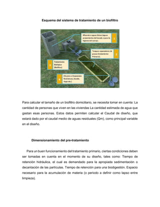 Esquema del sistema de tratamiento de un biofiltro
Para calcular el tamaño de un biofiltro domiciliario, se necesita tomar en cuenta: La
cantidad de personas que viven en las viviendas La cantidad estimada de agua que
gastan esas personas. Estos datos permiten calcular el Caudal de diseño, que
estará dado por el caudal medio de aguas residuales (Qm), como principal variable
en el diseño.
Dimensionamiento del pre-tratamiento
Para un buen funcionamiento del tratamiento primario, ciertas condiciones deben
ser tomadas en cuenta en el momento de su diseño, tales como: Tiempo de
retención hidráulica, el cual es demandado para la apropiada sedimentación o
decantación de las partículas. Tiempo de retención para una biodigestión. Espacio
necesario para la acumulación de materia (o periodo a definir como lapso entre
limpieza).
 