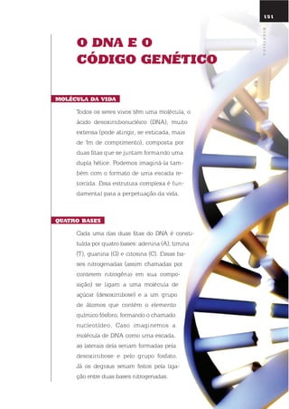 o dna E o
códiGo GEnÉtico
molÉcula da Vida
todos os seres vivos têm uma molécula, o
ácido desoxirribonucléico (dnA), muito
extensa (pode atingir, se esticada, mais
de 1m de comprimento), composta por
duas fitas que se juntam formando uma
dupla hélice. Podemos imaginá-la tam-
bém com o formato de uma escada re-
torcida. essa estrutura complexa é fun-
damental para a perpetuação da vida.
Quatro BasEs
Cada uma das duas fitas do dnA é consti-
tuída por quatro bases: adenina (A), timina
(t), guanina (G) e citosina (C). essas ba-
ses nitrogenadas (assim chamadas por
conterem nitrogênio em sua compo-
sição) se ligam a uma molécula de
açúcar (desoxirribose) e a um grupo
de átomos que contém o elemento
químico fósforo, formando o chamado
nucleotídeo. Caso imaginemos a
molécula de dnA como uma escada,
as laterais dela seriam formadas pela
desoxirribose e pelo grupo fosfato.
Já os degraus seriam feitos pela liga-
ção entre duas bases nitrogenadas.
151
Biofísica
 